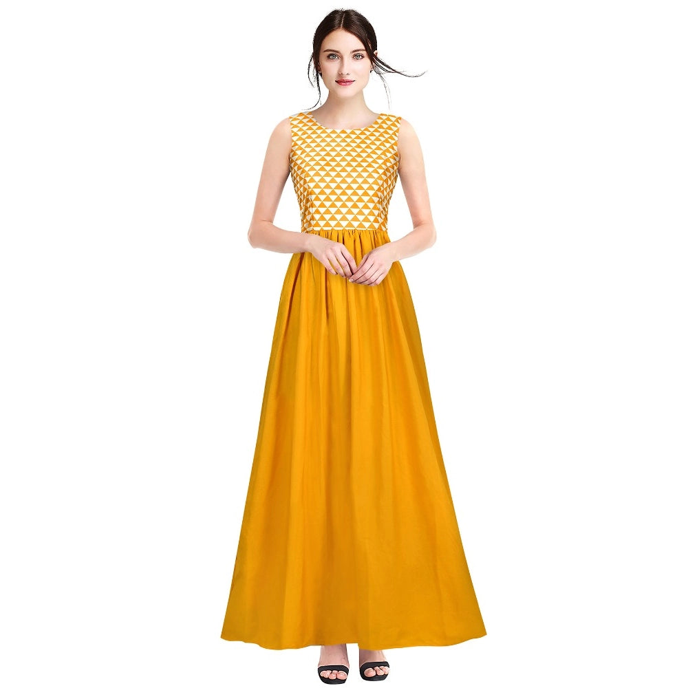 Women's American Crepe Western Wear Flare Long Gown (Yellow)