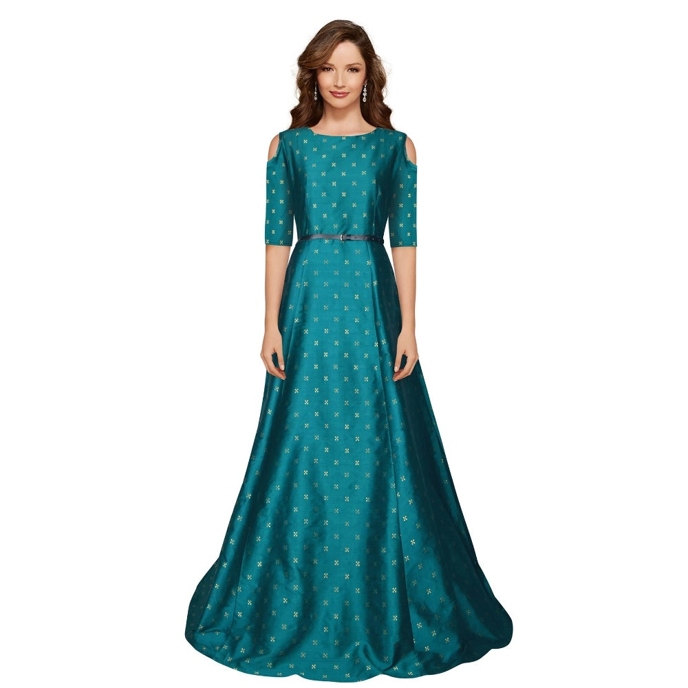 Women's Jquared with Taffeta Silk Western Wear Flare Long Gown (Sea Green)