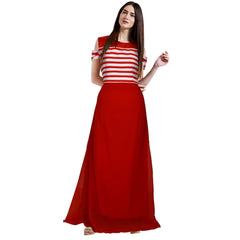 Women's Japan Satin and Georgette Western Wear Flare Long Gown (Red)