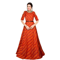 Women's Banglory Satin Silk Western Wear Flare Long Gown (Orange)