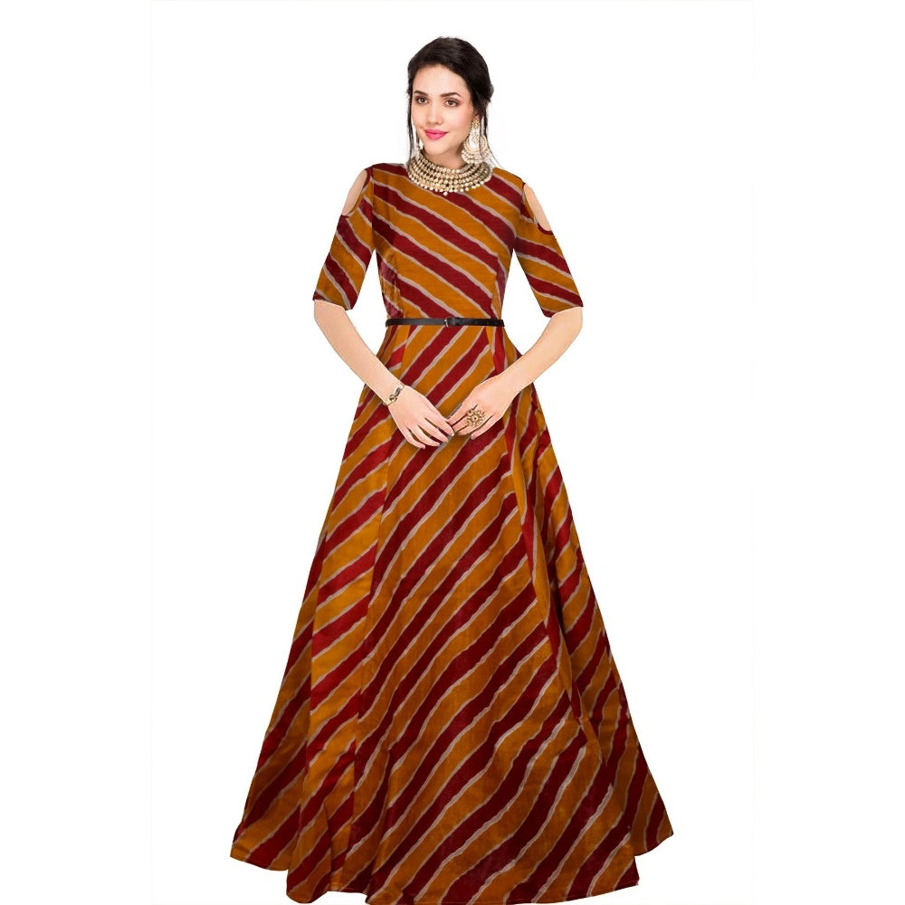 Women's Banglory Satin Silk Western Wear Flare Long Gown (Maroon)