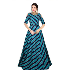 Women's Banglory Satin Silk Western Wear Flare Long Gown (Blue)