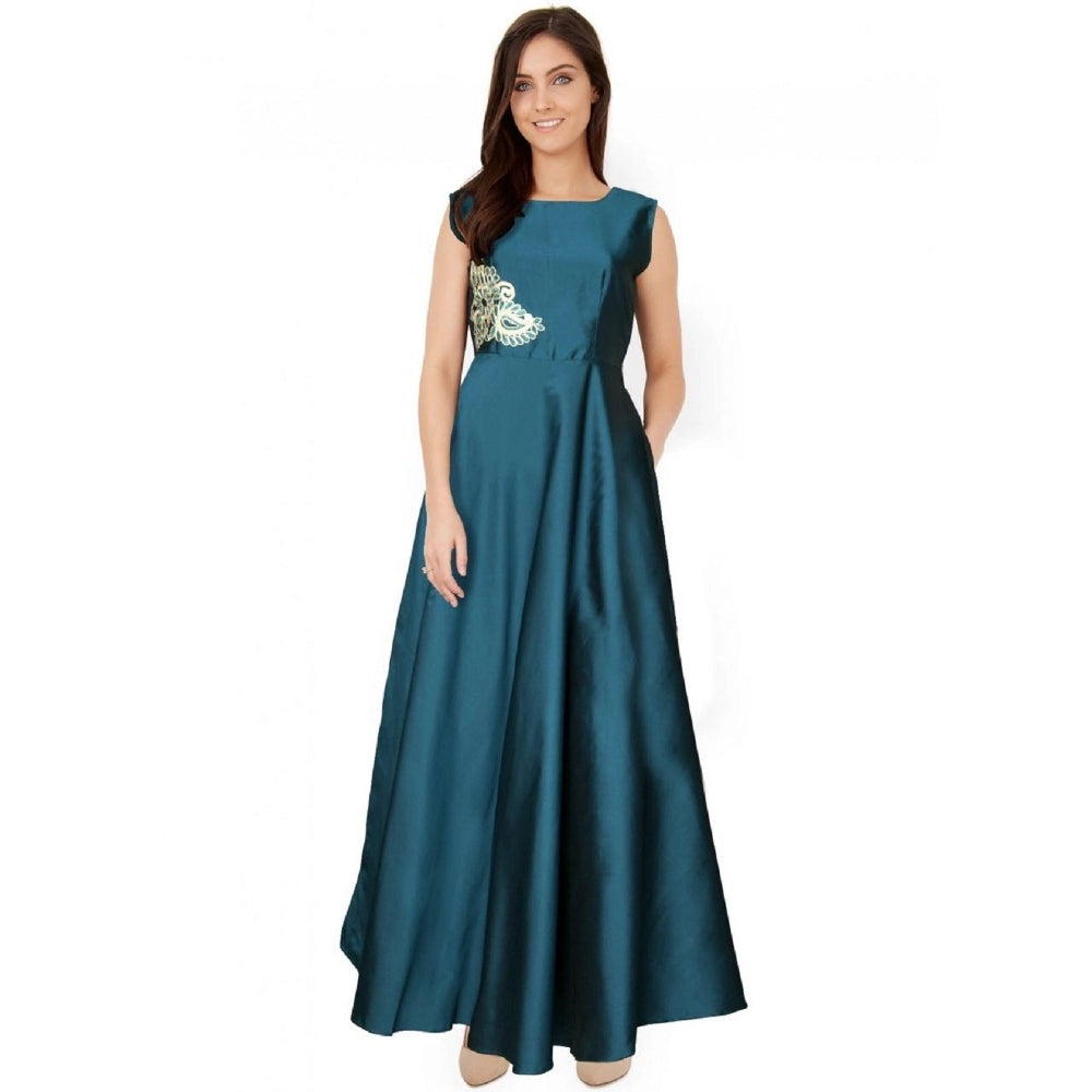 Women's Taffeta Silk Western Wear Flare Long Gown (Sea Green)