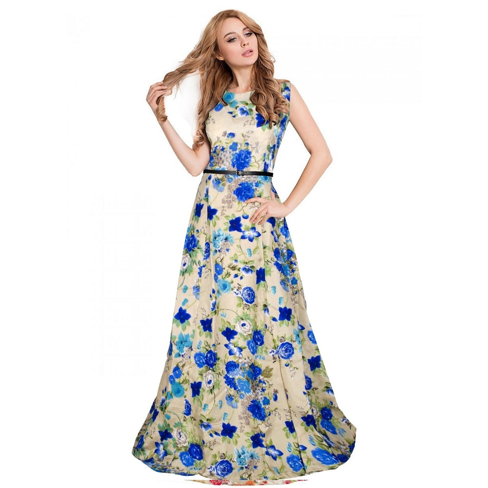 Women's Banglory Satin Silk Western Wear Flare Long Gown (Blue)