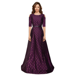 Women's Jquared with Taffeta Silk Western Wear Flare Long Gown (Wine)