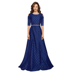 Women's Jquared with Taffeta Silk Western Wear Flare Long Gown (Blue)