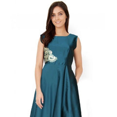 Women's Taffeta Silk Western Wear Flare Long Gown (Sea Green)