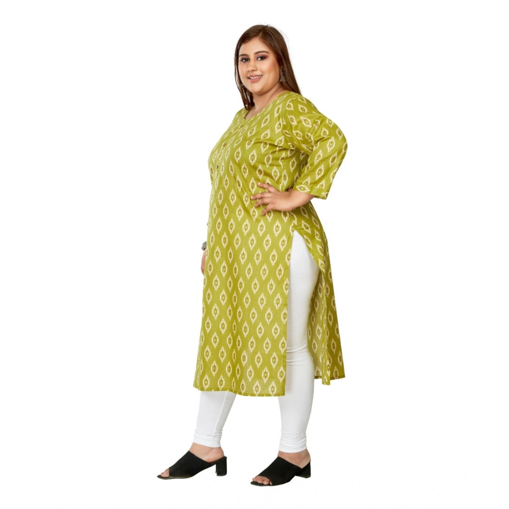 Women's Casual 3/4th Sleeve Ikkat Printed Pure Cotton Straight Kurti (Pista Green)