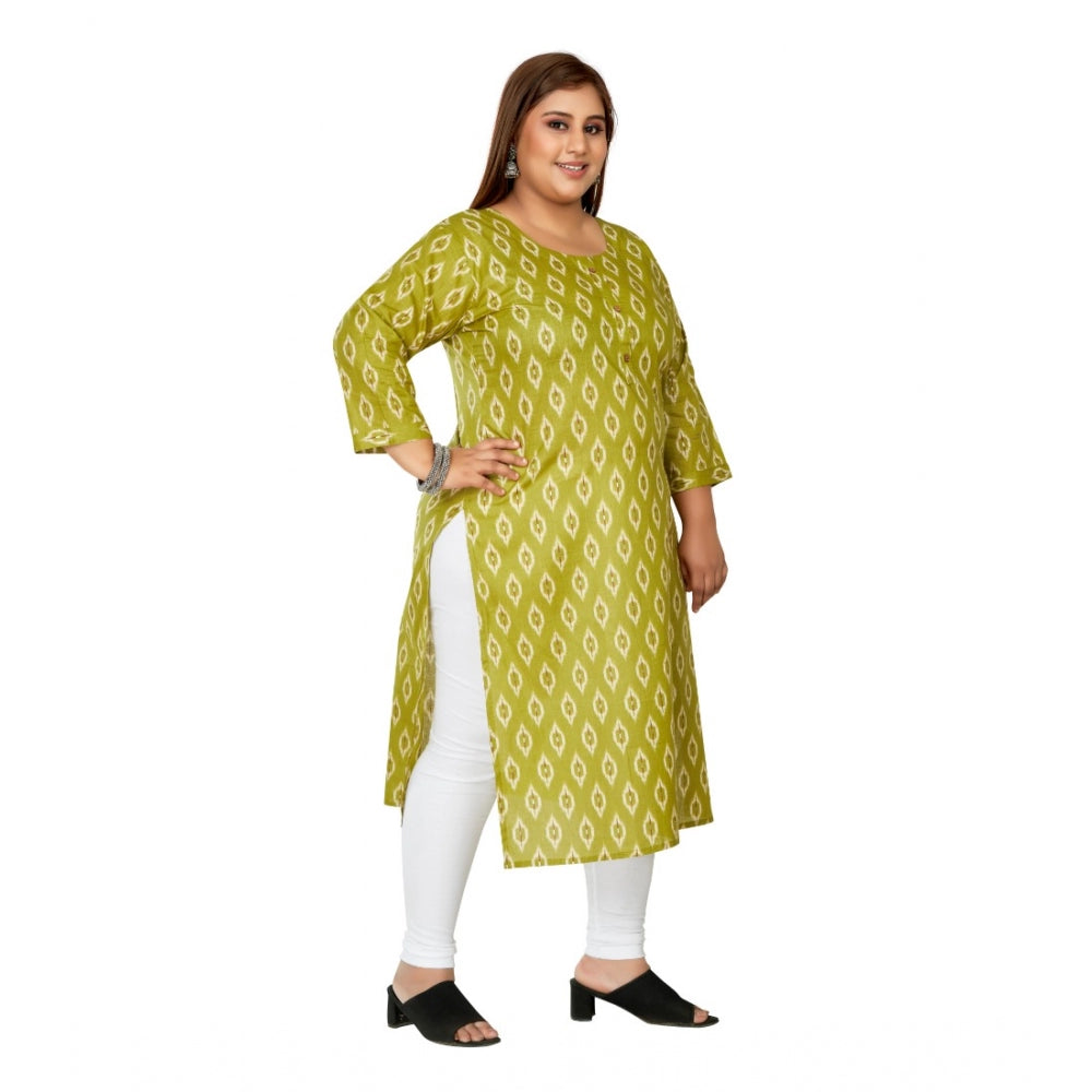 Women's Casual 3/4th Sleeve Ikkat Printed Pure Cotton Straight Kurti (Pista Green)