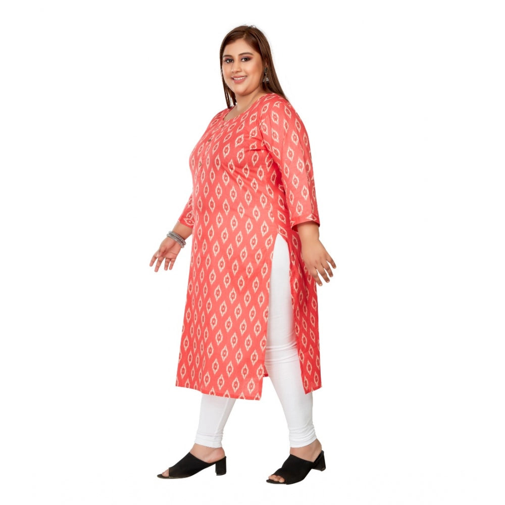 Women's Casual 3/4th Sleeve Ikkat Printed Pure Cotton Straight Kurti (Pink)