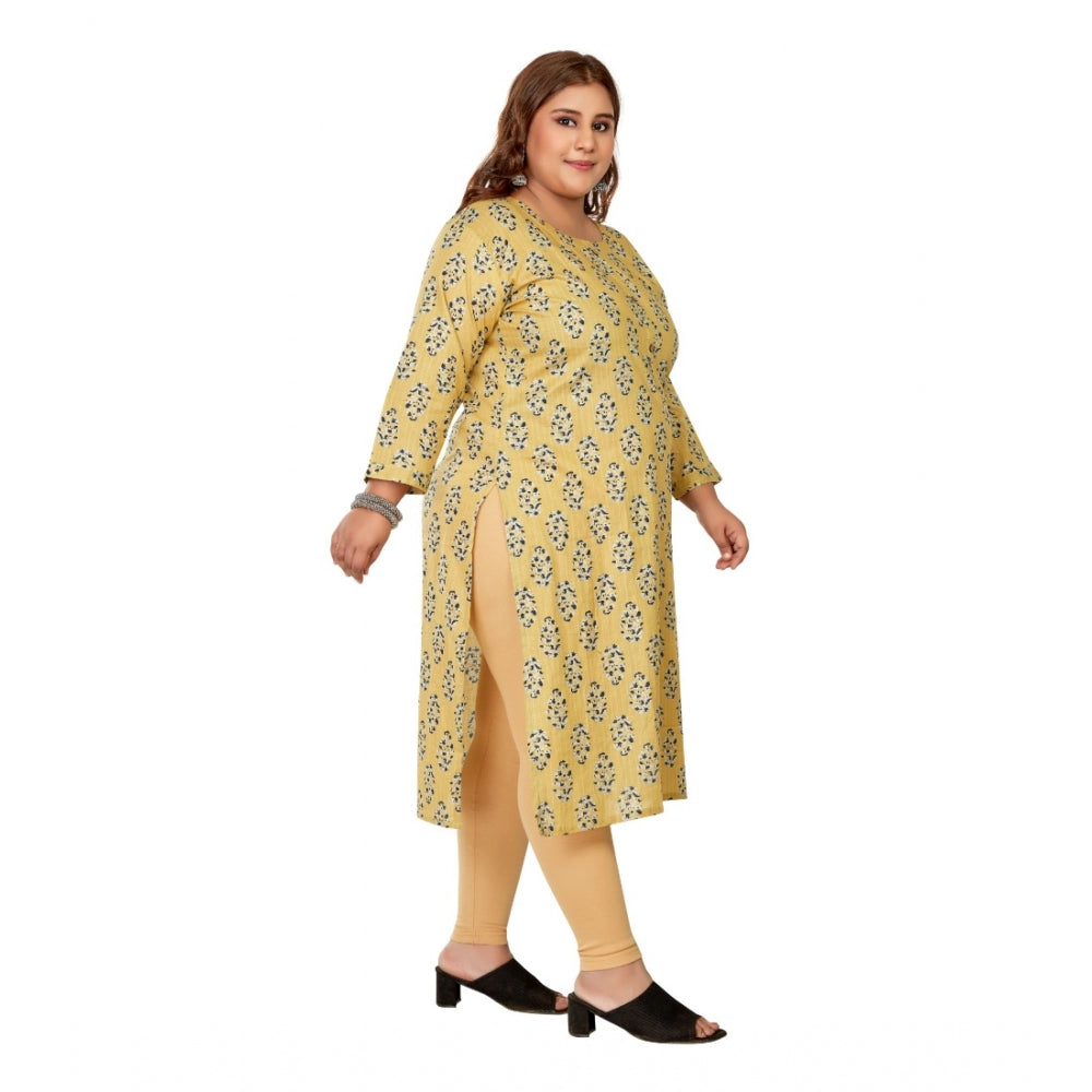 Women's Casual 3/4th Sleeve Golden Foil Printed Pure Cotton Straight Kurti (Light Yellow)