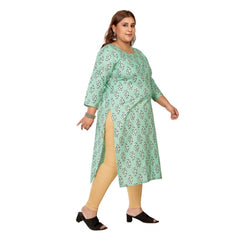 Women's Casual 3/4th Sleeve Golden Foil Printed Pure Cotton Straight Kurti (Pista Green)