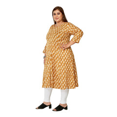 Women's Casual 3/4th Sleeve Printed Pure Cotton Prince Cut A-Line Kurti (Mustard)