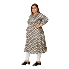 Women's Casual 3/4th Sleeve Printed Pure Cotton Prince Cut A-Line Kurti (Grey)