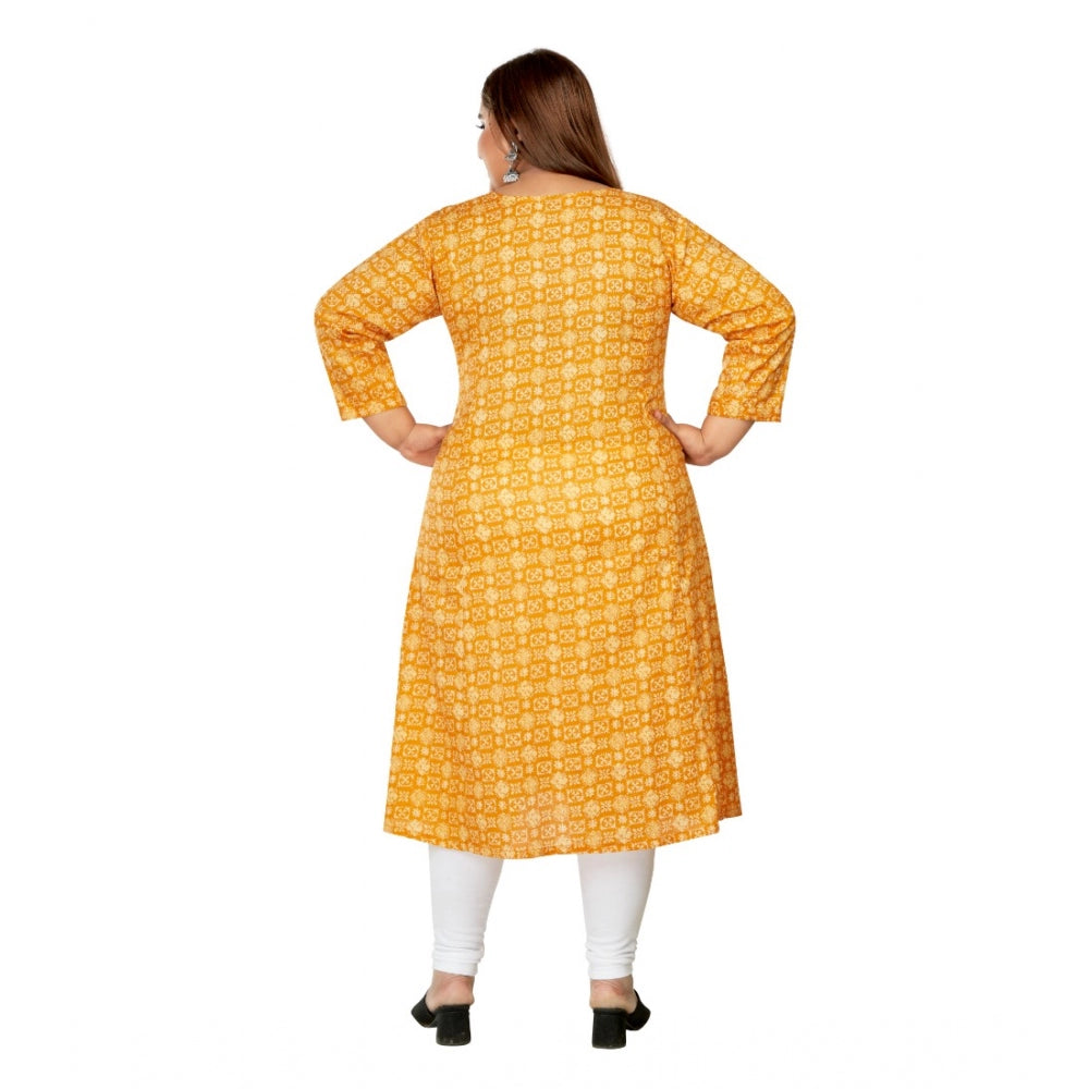 Women's Casual 3/4th Sleeve Regular Printed Pure Cotton Prince Cut A-Line Kurti (Yellow)