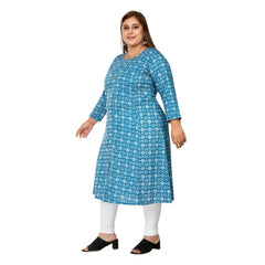 Women's Casual 3/4th Sleeve Regular Printed Pure Cotton Prince Cut A-Line Kurti (Blue)