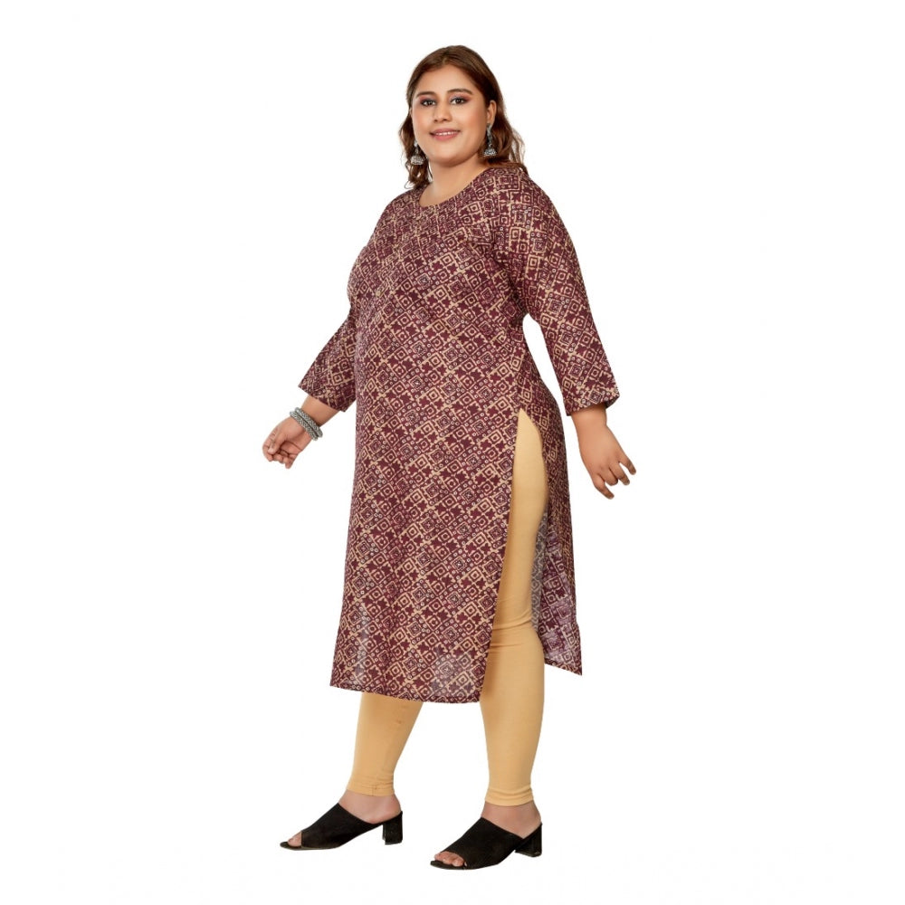 Women's Casual 3/4th Sleeve Golden Foil Printed Capsule Cotton Straight Kurti (Maroon)