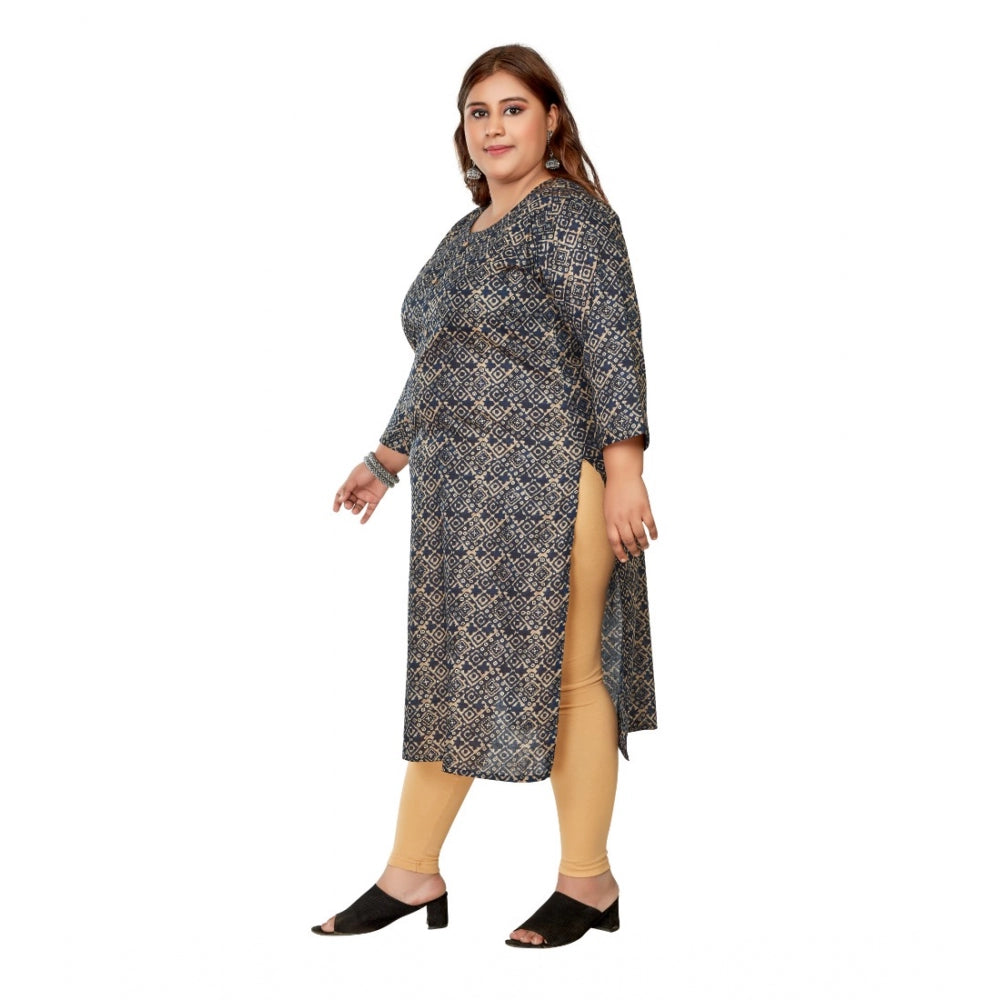 Women's Casual 3/4th Sleeve Golden Foil Printed Capsule Cotton Straight Kurti (Navy Blue)