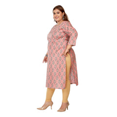 Women's Casual 3/4th Sleeve Golden Foil Printed Pure Cotton Straight Kurti (Coral Pink)