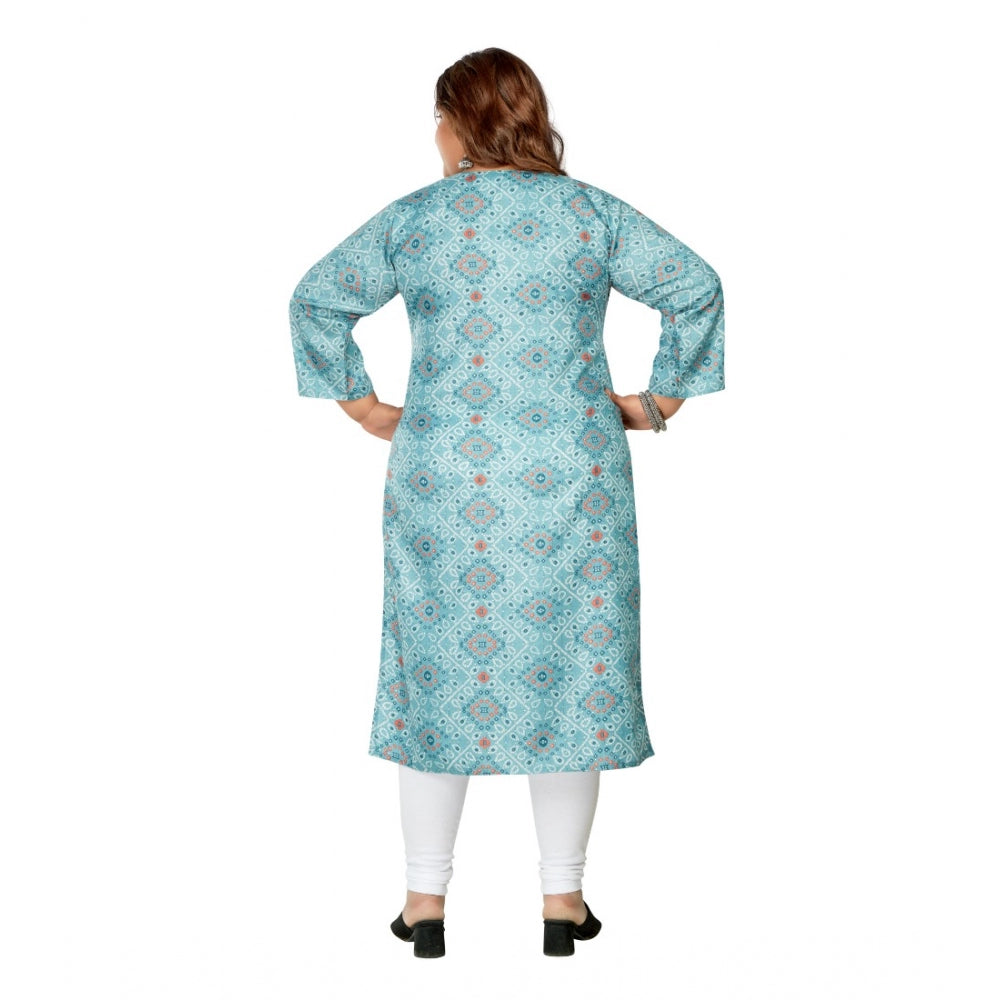 Women's Casual 3/4th Sleeve Golden Foil Printed Rayon Straight Kurti (Blue)