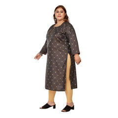 Women's Casual 3/4th Sleeve Golden Embroidered Cotton Mix Straight Kurti (Dark Grey)