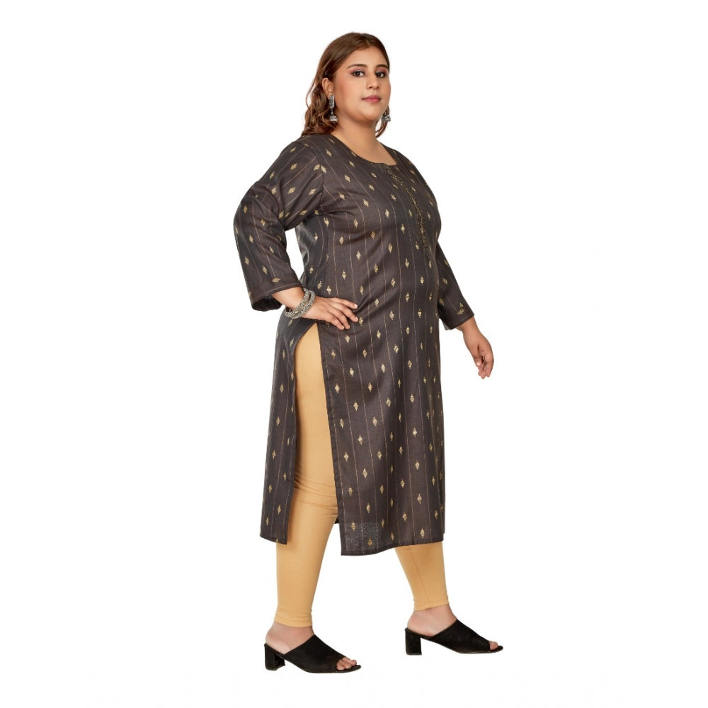 Women's Casual 3/4th Sleeve Golden Embroidered Cotton Mix Straight Kurti (Dark Grey)