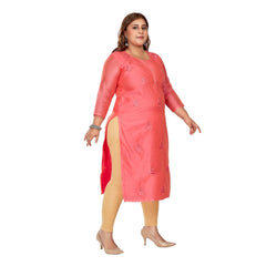 Women's Casual 3/4th Sleeve Mirror Embroidered Rayon Straight Kurti (Pink)