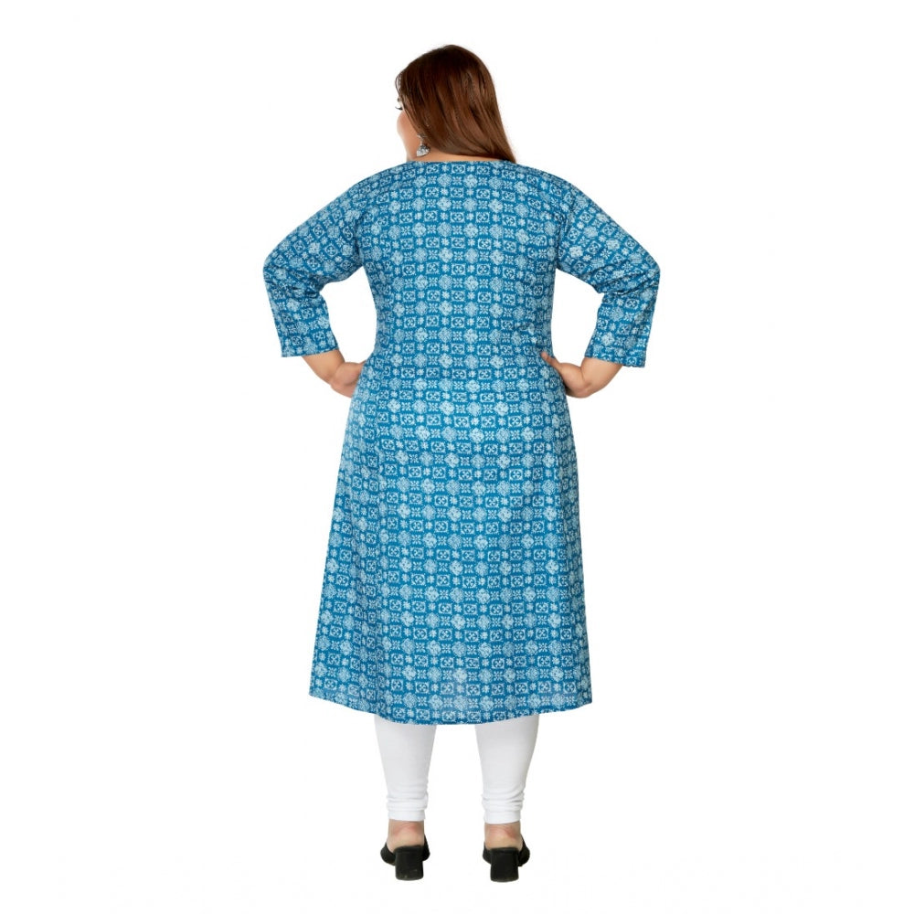 Women's Casual 3/4th Sleeve Regular Printed Pure Cotton Prince Cut A-Line Kurti (Blue)