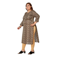 Women's Casual 3/4th Sleeve Golden Foil Printed Capsule Cotton Straight Kurti (Brown)