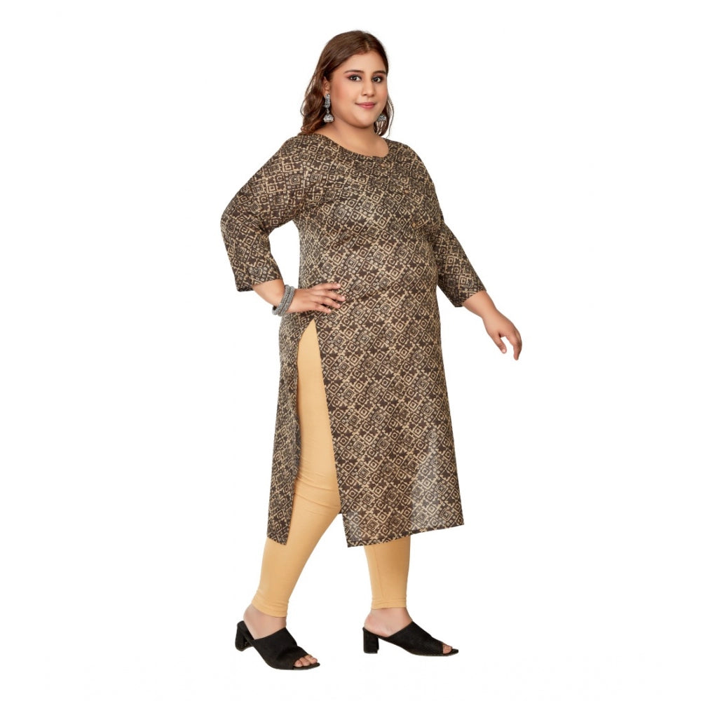 Women's Casual 3/4th Sleeve Golden Foil Printed Capsule Cotton Straight Kurti (Brown)