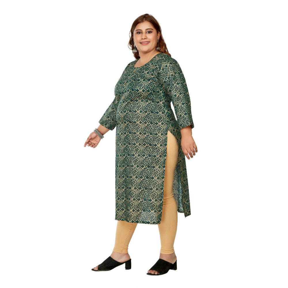 Women's Casual 3/4th Sleeve Golden Foil Printed Capsule Cotton Straight Kurti (Dark Green)