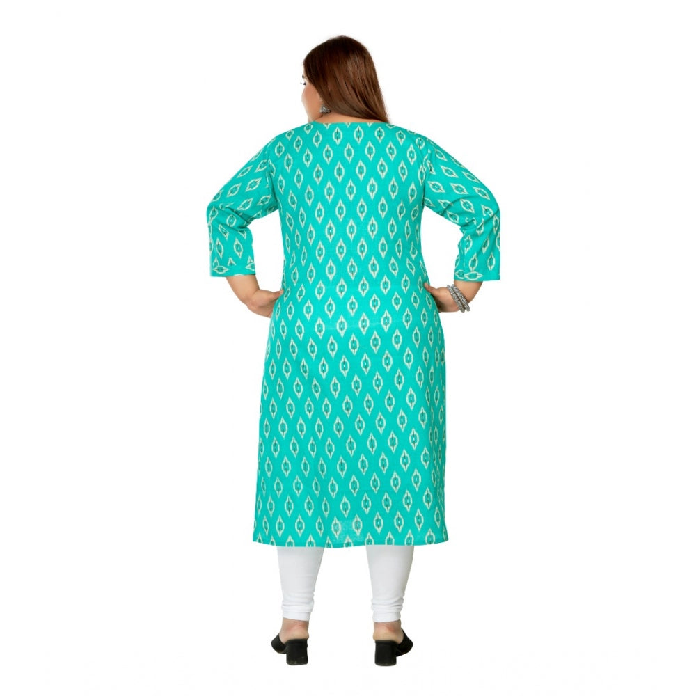 Women's Casual 3/4th Sleeve Ikkat Printed Pure Cotton Straight Kurti (Turquoise)