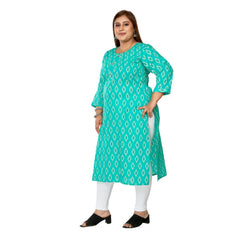 Women's Casual 3/4th Sleeve Ikkat Printed Pure Cotton Straight Kurti (Turquoise)