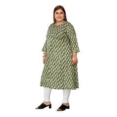 Women's Casual 3/4th Sleeve Printed Pure Cotton Prince Cut A-Line Kurti (Green)