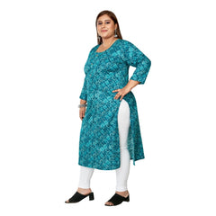 Women's Casual 3/4th Sleeve Golden Foil Printed Capsule Cotton Straight Kurti (Green)