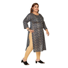 Women's Casual 3/4th Sleeve Golden Foil Printed Capsule Cotton Straight Kurti (Navy Blue)