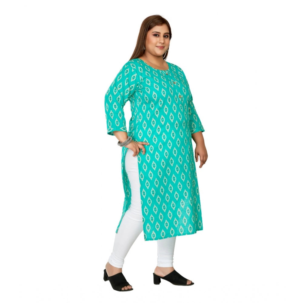 Women's Casual 3/4th Sleeve Ikkat Printed Pure Cotton Straight Kurti (Turquoise)