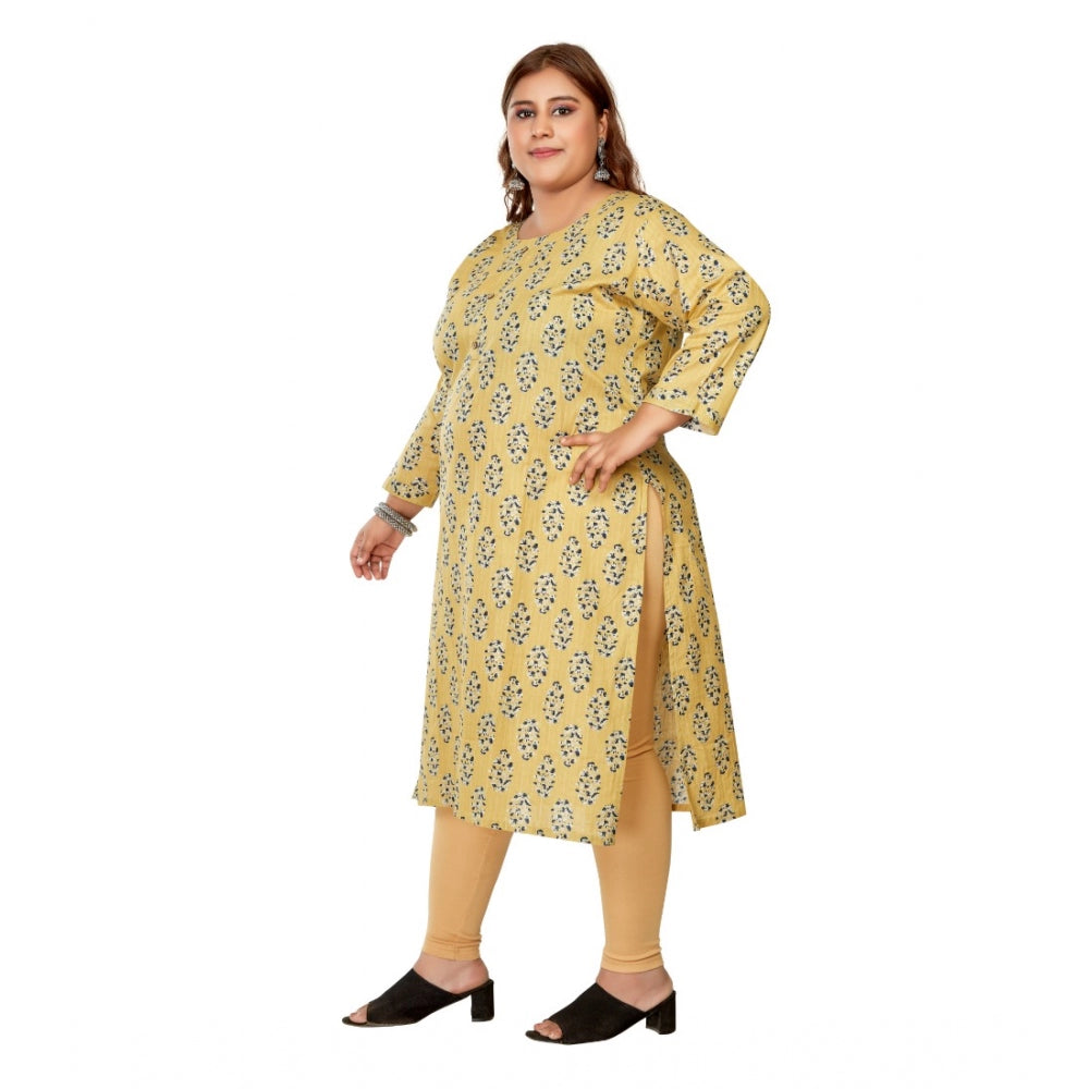 Women's Casual 3/4th Sleeve Golden Foil Printed Pure Cotton Straight Kurti (Light Yellow)