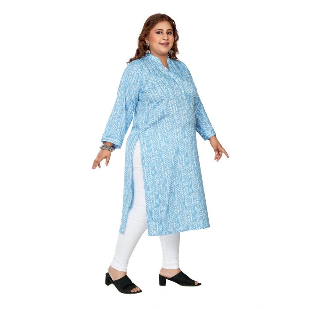 Women's Casual 3/4th Sleeve Full printed Imported Synthetic Straight Kurti (Blue)