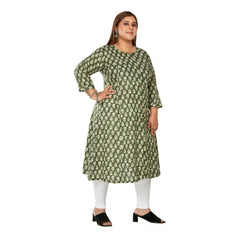 Women's Casual 3/4th Sleeve Printed Pure Cotton Prince Cut A-Line Kurti (Green)