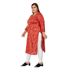 Women's Casual 3/4th Sleeve Golden Foil Printed Capsule Cotton Straight Kurti (Red)