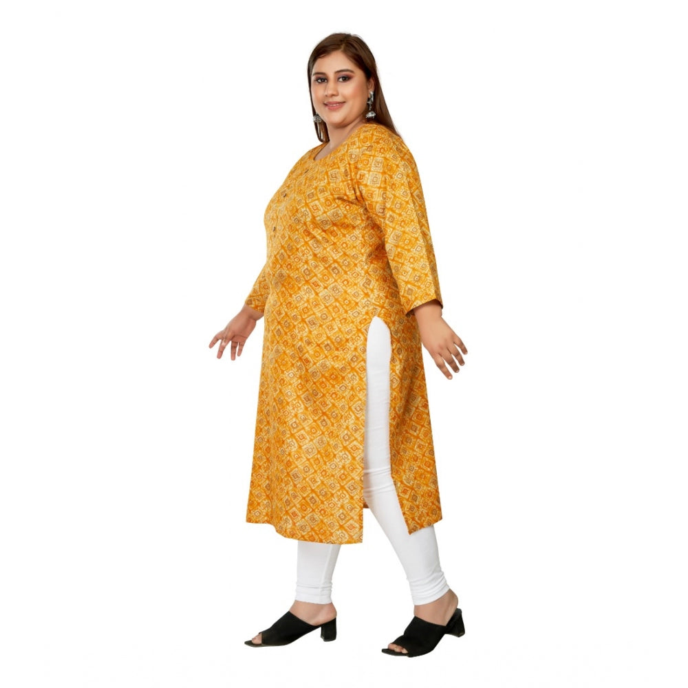 Women's Casual 3/4th Sleeve Golden Foil Printed Capsule Cotton Straight Kurti (Yellow)