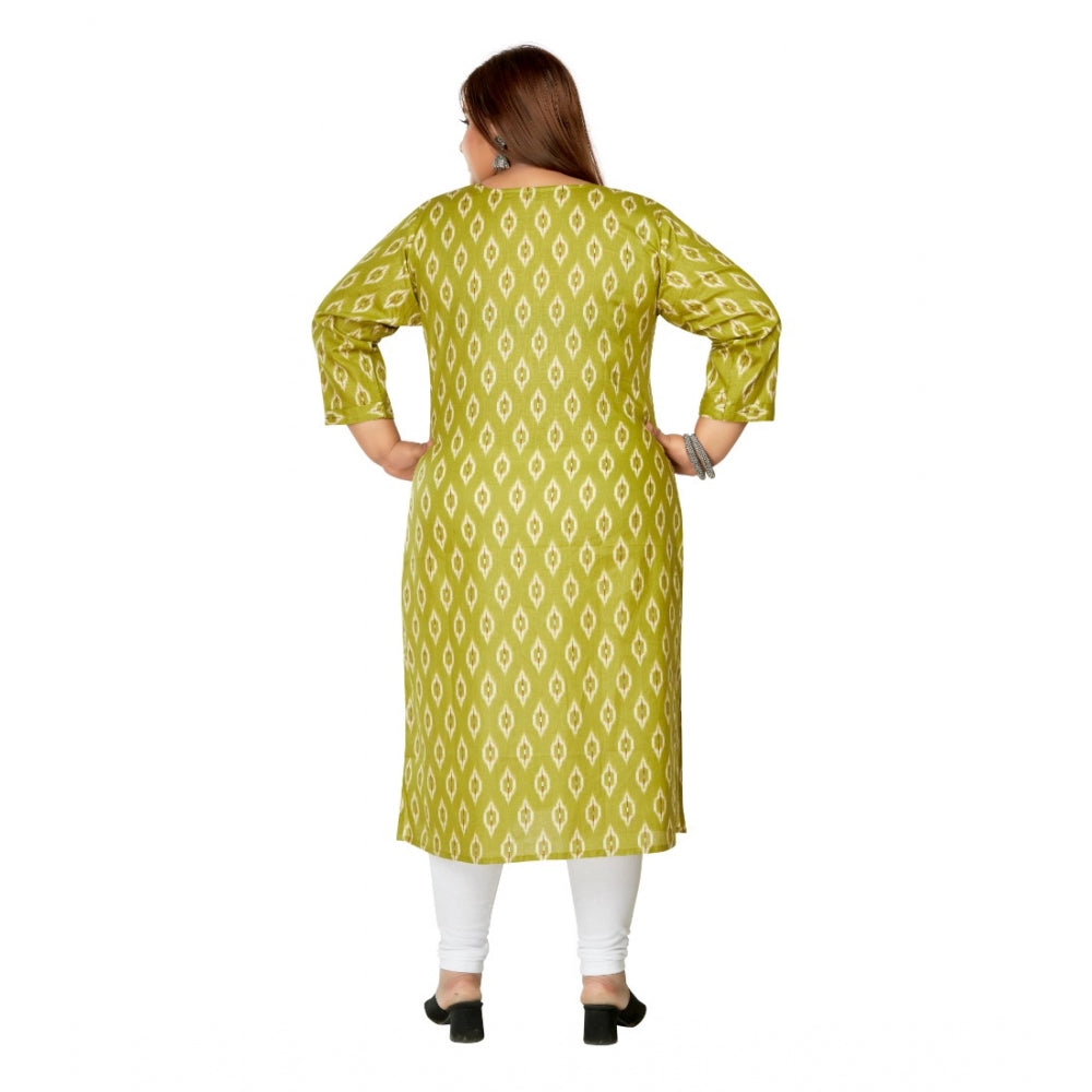 Women's Casual 3/4th Sleeve Ikkat Printed Pure Cotton Straight Kurti (Pista Green)