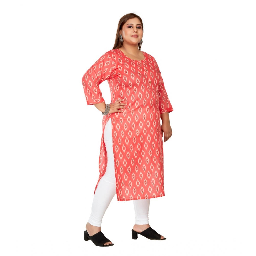 Women's Casual 3/4th Sleeve Ikkat Printed Pure Cotton Straight Kurti (Pink)