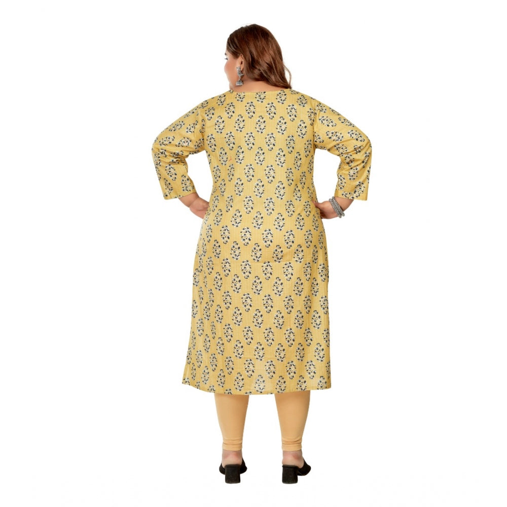 Women's Casual 3/4th Sleeve Golden Foil Printed Pure Cotton Straight Kurti (Light Yellow)