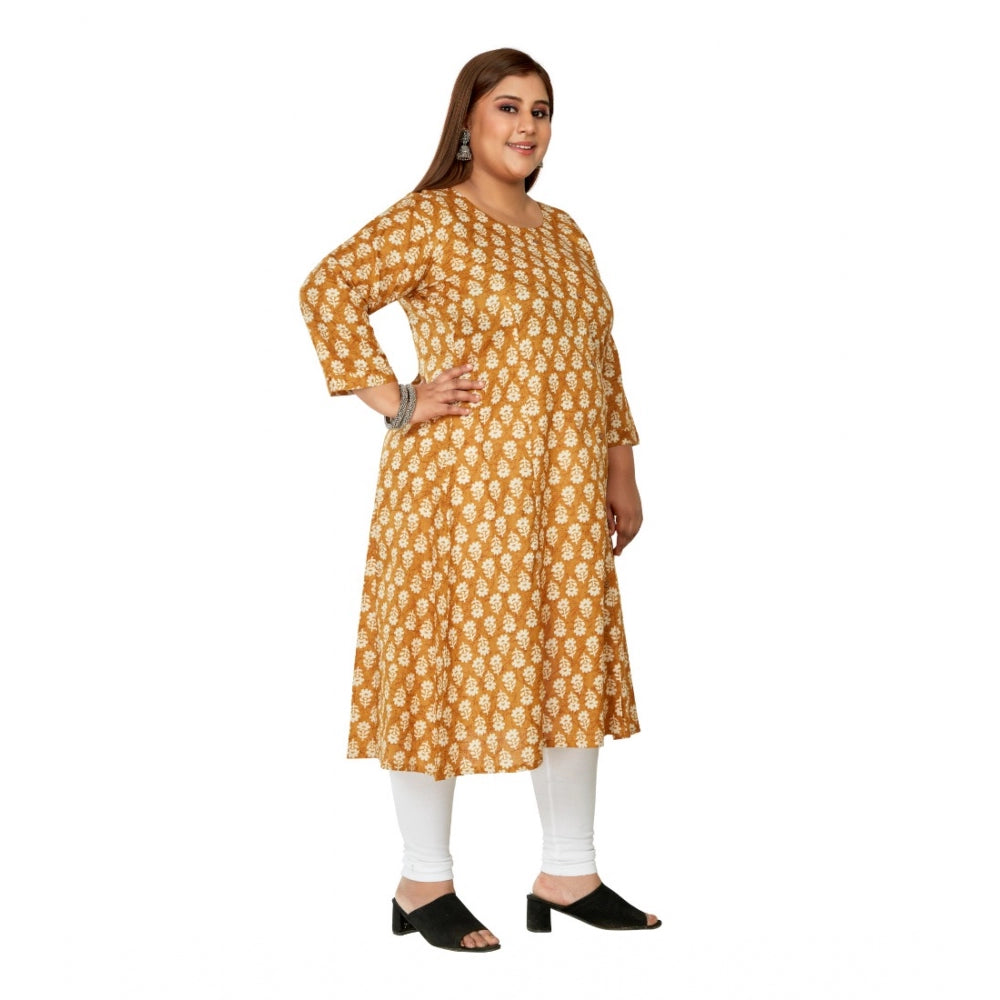 Women's Casual 3/4th Sleeve Printed Pure Cotton Prince Cut A-Line Kurti (Mustard)