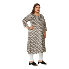 Women's Casual 3/4th Sleeve Printed Pure Cotton Prince Cut A-Line Kurti (Grey)