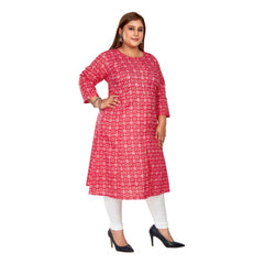 Women's Casual 3/4th Sleeve Regular Printed Pure Cotton Prince Cut A-Line Kurti (Pink)