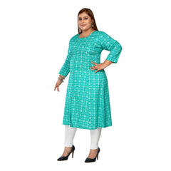 Women's Casual 3/4th Sleeve Regular Printed Pure Cotton Prince Cut A-Line Kurti (Turquoise)