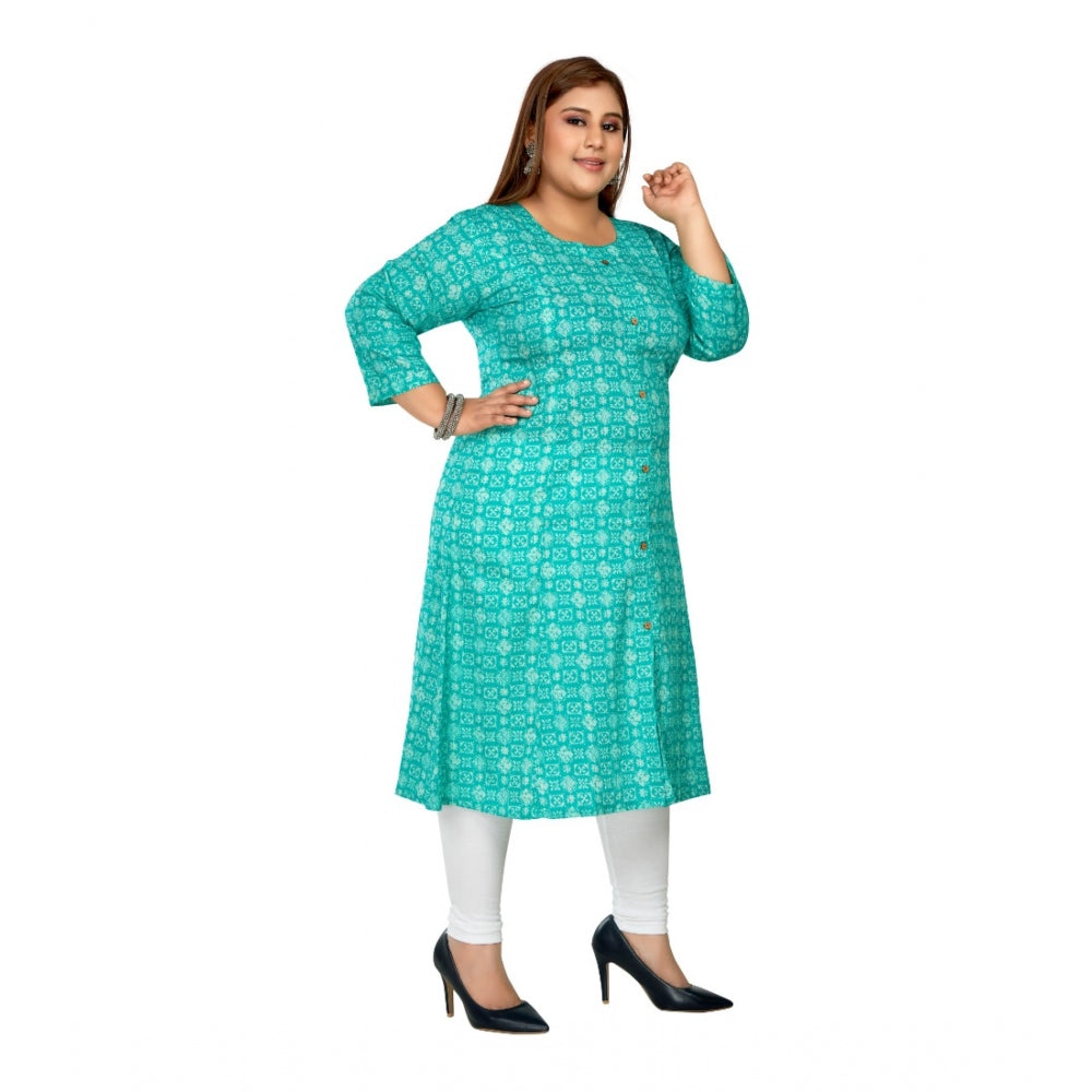 Women's Casual 3/4th Sleeve Regular Printed Pure Cotton Prince Cut A-Line Kurti (Turquoise)